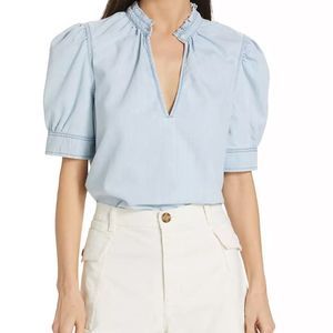 Frame Denim Light Blue Puff Sleeve Chambray Top